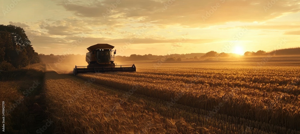 Fototapeta premium Combine Harvester in Golden Barley Field at Sunset - Agriculture and Harvest Concept