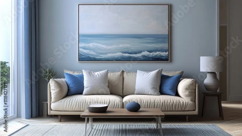 Calm living room interior with beige sofa, blue pillows, ocean painting, and wooden coffee table.