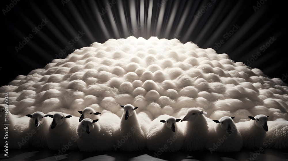Fototapeta premium A large flock of white sheep standing tightly together, facing forward prominently with the light of the white sheep shining.