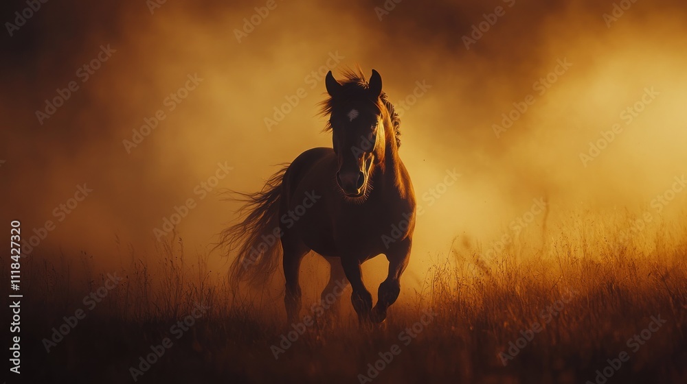 Majestic Brown Horse Runs Through Golden Sunset Field Majestic Brown Horse Runs Through Golden Sunset Field