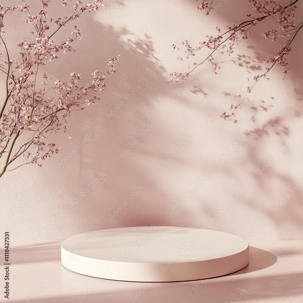 Minimalist pink podium with cherry blossom shadows in sunlit setting Minimalist pink podium with cherry blossom shadows in sunlit setting