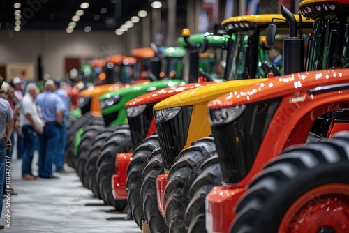 Colorful Tractor and Agricultural Machinery Display at Industry Trade Show photo