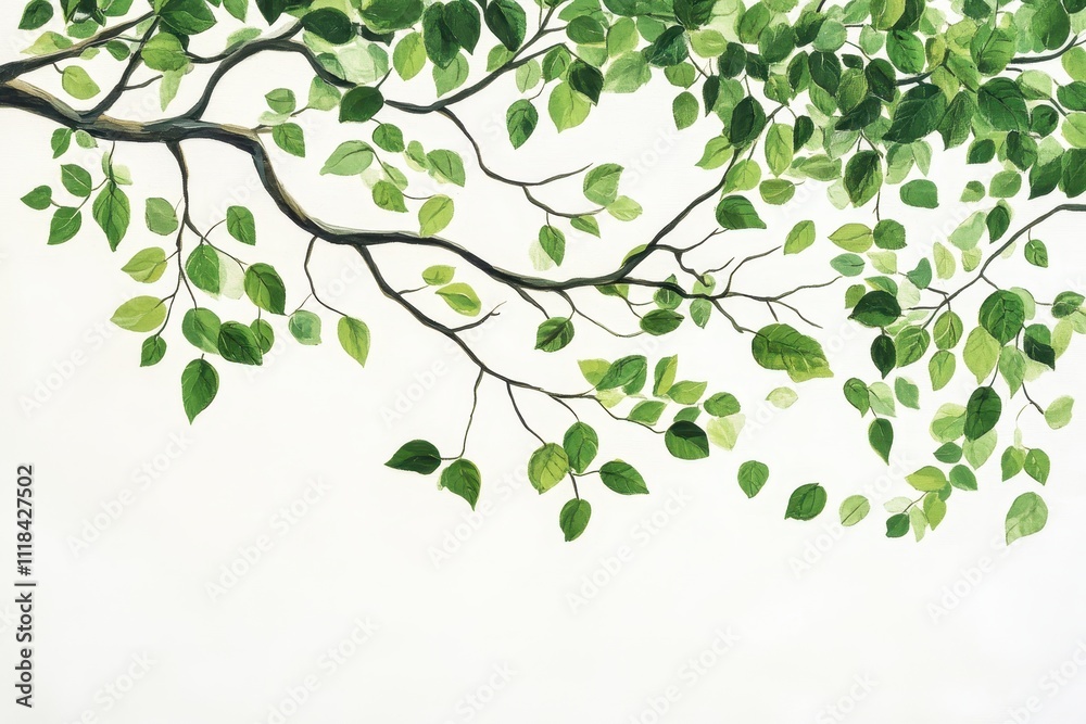 A serene depiction of green leaves on branches against a white background. A serene depiction of green leaves on branches against a white background.