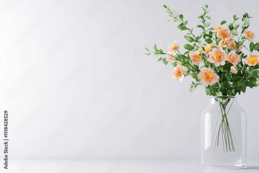 Elegant bouquet of fresh peach roses in glass vase on minimalist background Elegant bouquet of fresh peach roses in glass vase on minimalist background