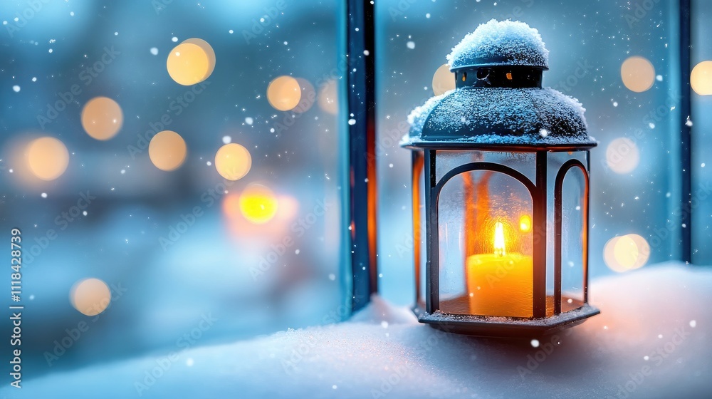 A beautiful Christmas lantern with a candle inside glows gently under a blanket of snow. Set against a window with twinkling lights, it creates a cozy holiday ambiance A beautiful Christmas lantern with a candle inside glows gently under a blanket of snow. Set against a window with twinkling lights, it creates a cozy holiday ambiance