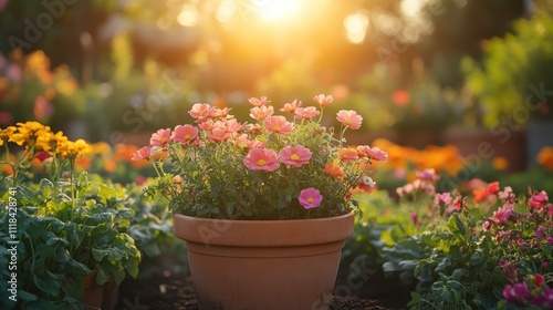 Sunset illuminates potted pink flowers in a garden.