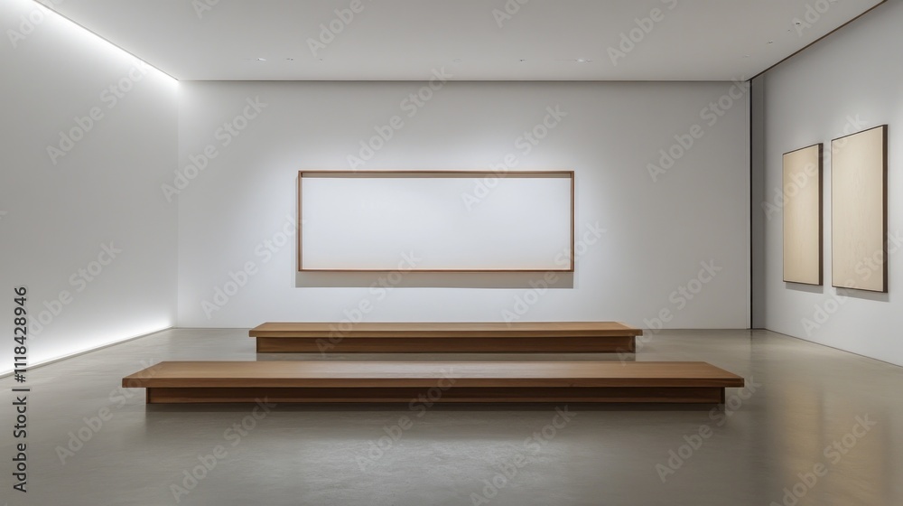 Minimalist Gallery Interior With Wooden Benches And Artwork Minimalist Gallery Interior With Wooden Benches And Artwork