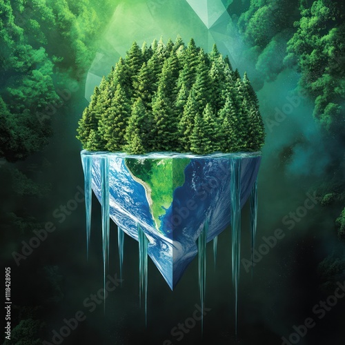 Floating island of trees over Earth with icy edges photo