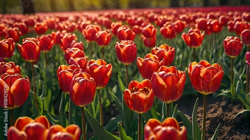 background, flower, summer, nature, spring, garden, Red Tulip flower in tulip field at spring day. Colorful vivid pink tulips in the park. Spring landscape. Red tulip garden in spring. The Tulip. Beau photo