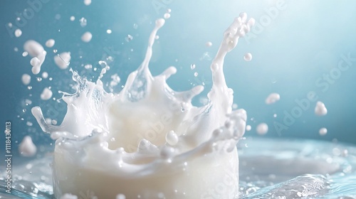 Milk splashing and creating a crown shape on blue background photo