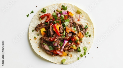 A delicious taco awaits, packed with tender grilled steak, an array of vibrant peppers, and aromatic herbs. Perfectly assembled against a bright white background, it's a feast for the senses