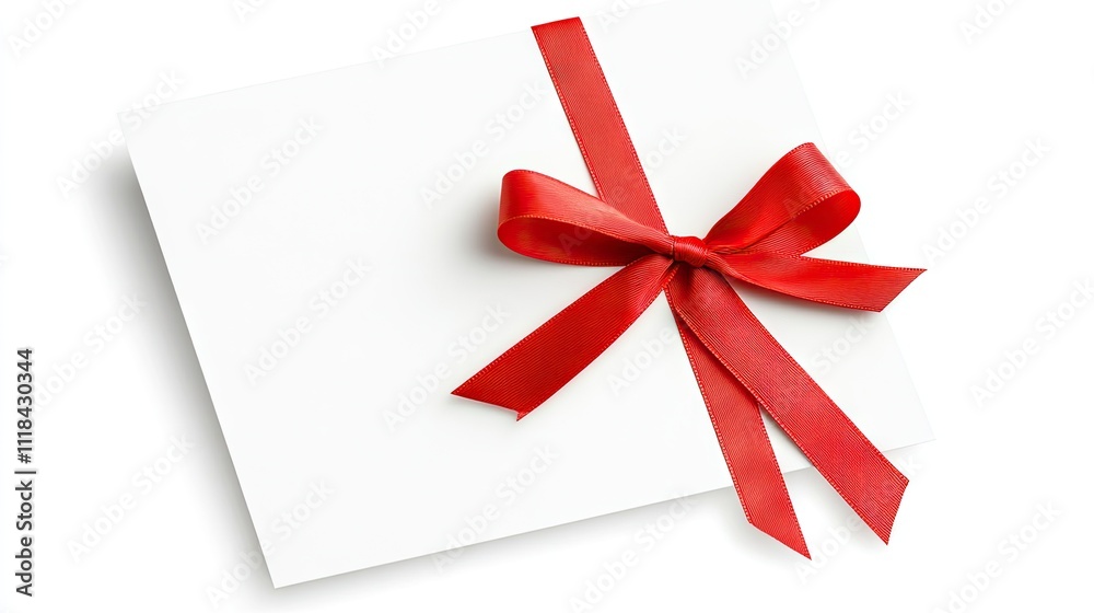 A blank gift card features a vibrant red ribbon tied in a bow, set against a white background. The design offers plenty of space for adding personalized messages or notes A blank gift card features a vibrant red ribbon tied in a bow, set against a white background. The design offers plenty of space for adding personalized messages or notes
