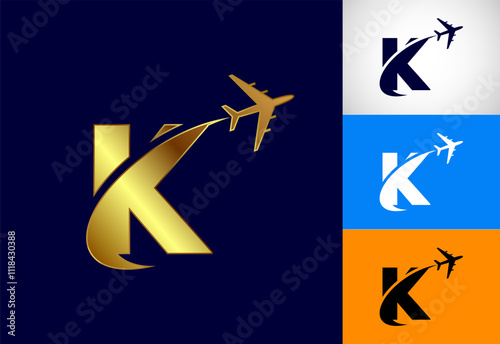 Alphabet K with airplane. Travel icon. Aviation logo sign, Flying symbol. Flight icon in multiple color variation