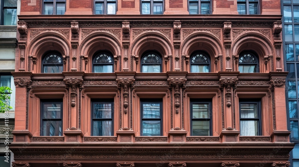 Ornate Brick Building Facade With Arch Windows Ornate Brick Building Facade With Arch Windows