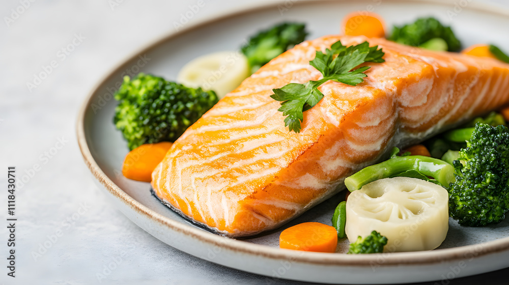 Healthy food for longevity and lifestyle medicine concept. Healthy salmon fillet with steamed vegetables for longevity and anti-aging. Healthy food for longevity and lifestyle medicine concept. Healthy salmon fillet with steamed vegetables for longevity and anti-aging.