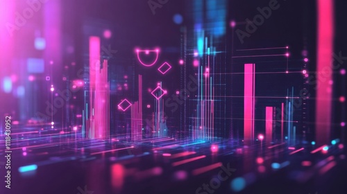 A dynamic HUD interface displays vibrant floating elements in pink and blue hues, creating an immersive visual experience typical of cutting-edge technology