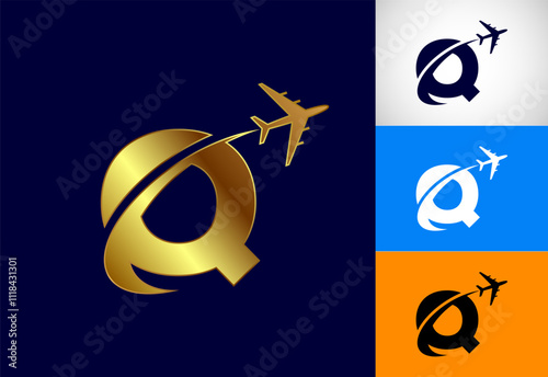 Alphabet Q with airplane. Travel icon. Aviation logo sign, Flying symbol. Flight icon in multiple color variation