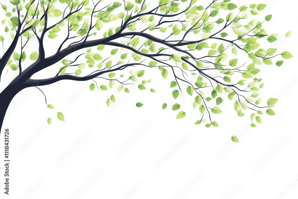 A stylized tree branch with green leaves against a white background. A stylized tree branch with green leaves against a white background.