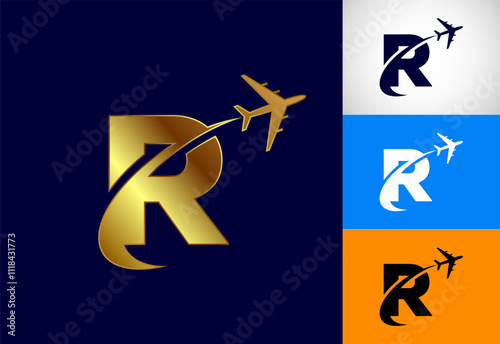 Alphabet R with airplane. Travel icon. Aviation logo sign, Flying symbol. Flight icon in multiple color variation