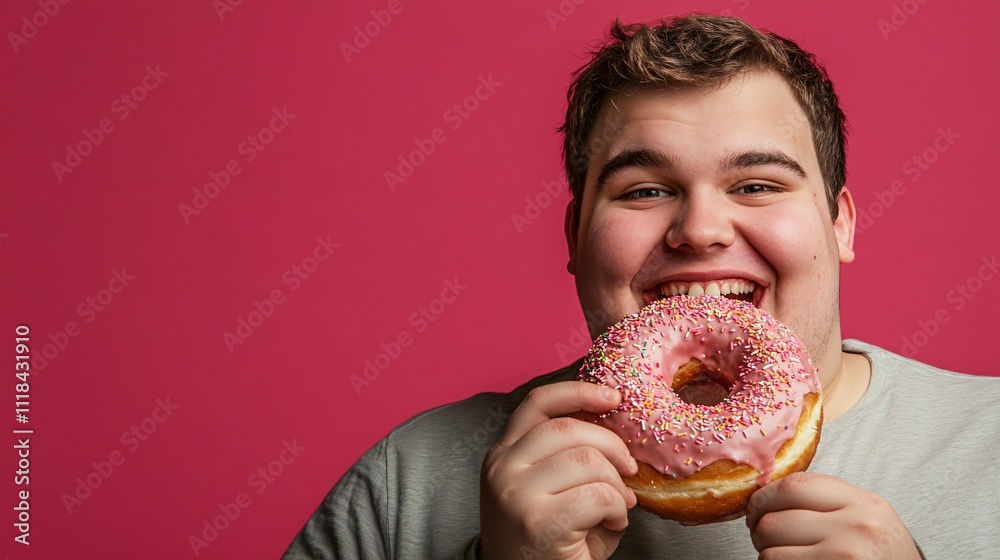 Young man enjoying a delicious pink donut on pink background Young man enjoying a delicious pink donut on pink background