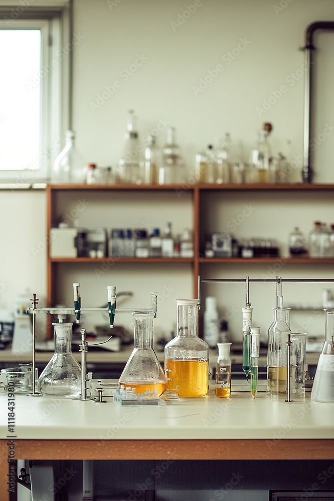 Chemistry lab bench with various glassware and liquids Chemistry lab bench with various glassware and liquids