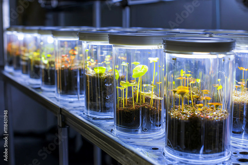 Young plants growing in illuminated glass containers in laboratory, showcasing controlled environment for scientific research and plant development photo