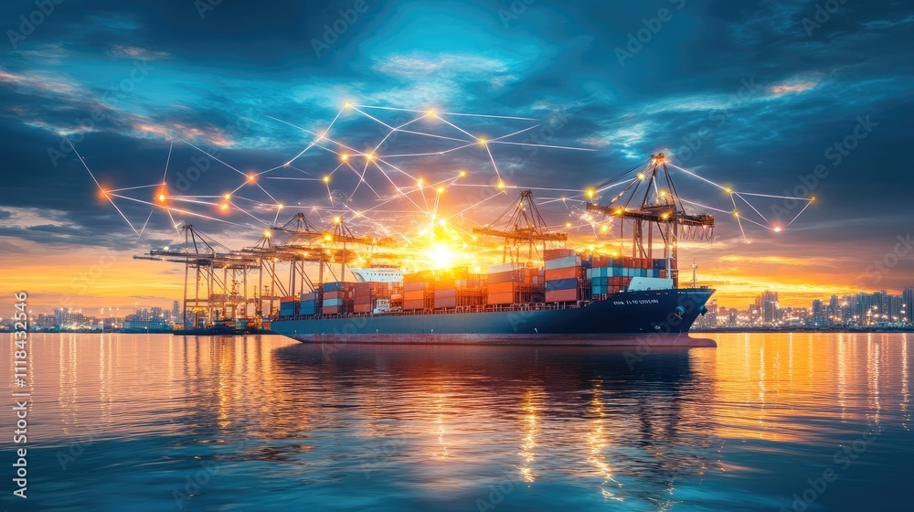 Container ship at sea with digital network links, digital trade network connection concept, global shipping industry Container ship at sea with digital network links, digital trade network connection concept, global shipping industry