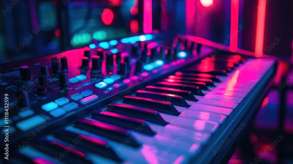Synth Keyboard in Neon Lights: A Vibrant Music Studio Scene Synth Keyboard in Neon Lights: A Vibrant Music Studio Scene