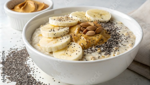 Bowl of banana overnight oats with peanut butter and chia seeds