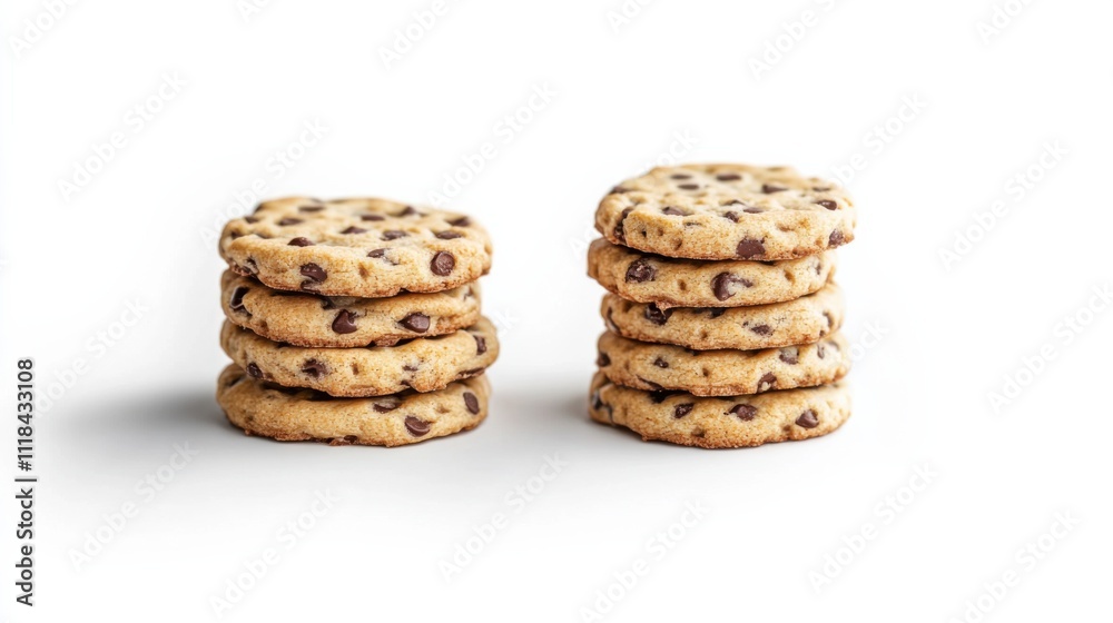 Soft, golden-brown chocolate chip cookies are arranged in neat stacks on a crisp white surface, showcasing their deliciously inviting texture and rich flavor for sweet cravings Soft, golden-brown chocolate chip cookies are arranged in neat stacks on a crisp white surface, showcasing their deliciously inviting texture and rich flavor for sweet cravings