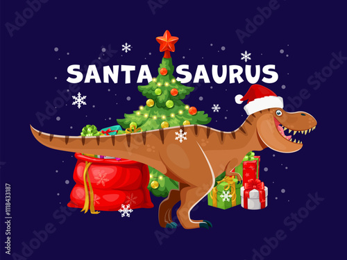 Christmas tyrannosaurus dinosaur greetings. Cartoon vector trex dino animal wearing Santa hat stands beside a decorated Christmas tree and presents, creating a fun, playful and festive holiday mood