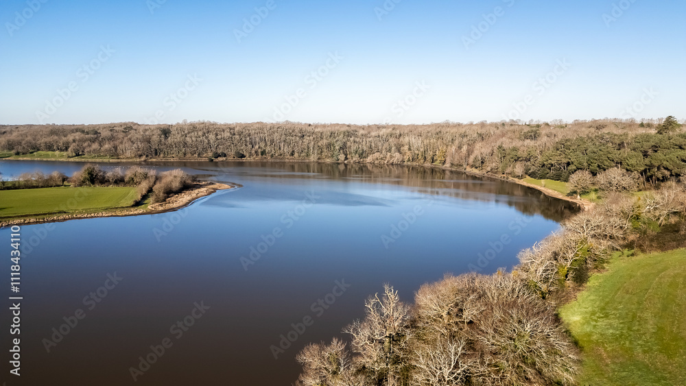 Lac du Jaunay aerial view by drone at Chapelle-Hermier, France