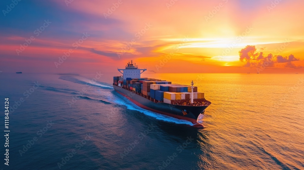 Container ship at sea, global shipping industry Container ship at sea, global shipping industry