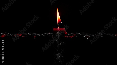 A red candle in the dark with drops of wax