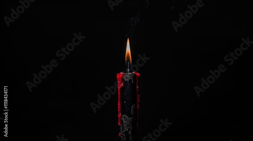 A red candle in the dark with drops of wax