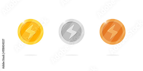 Gaming coin set monetary design element. Gold, silver, bronze ranking medal coins with lightning bolt icon. Ideal for video game UI or app animation. Casino reward and cash treasure concept