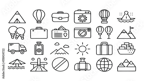 ravel & Tourism related icon editable stroke outline  set of different types small icons isolated on white background flat vector illustration