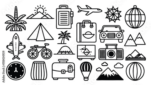 ravel & Tourism related icon editable stroke outline  set of different types small icons isolated on white background flat vector illustration