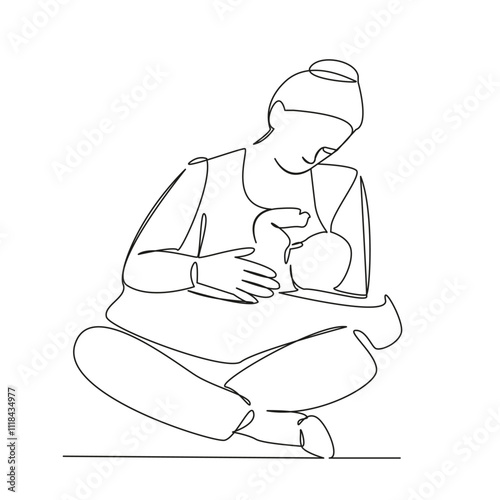 One continuous single drawing line art flat doodle mother breastfeeding baby, food, natural feeding newborn. Isolated image hand draw contour on a white background, hand drawn, not AI