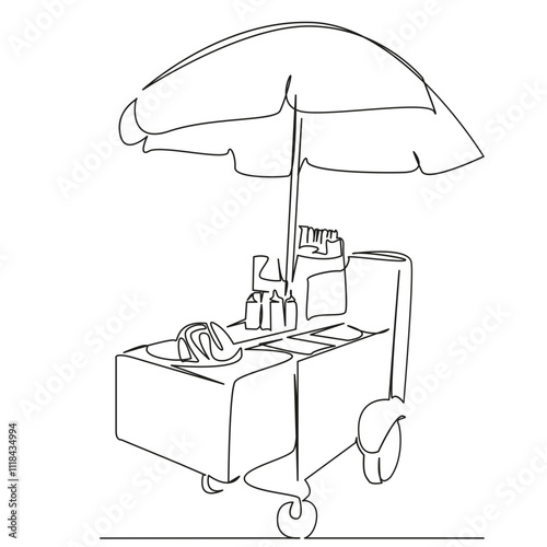 One continuous single drawing line art flat doodle food, street, cart, vendor, fast food, snack. Isolated image hand draw contour on a white background, hand drawn, not AI