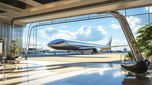 Sleek airplane viewed from luxury airport lounge setting. photo