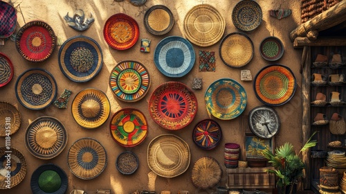 Colorful woven wall decor, various sizes and patterns, displayed on an earthen wall.