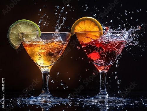 Two vibrant cocktails splash in glasses, adorned with lime and orange slices, set against a dark background, creating an enticing, refreshing scene.