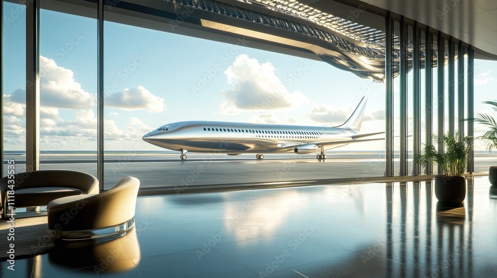 Sleek airplane at futuristic airport with open view. Sleek airplane at futuristic airport with open view.