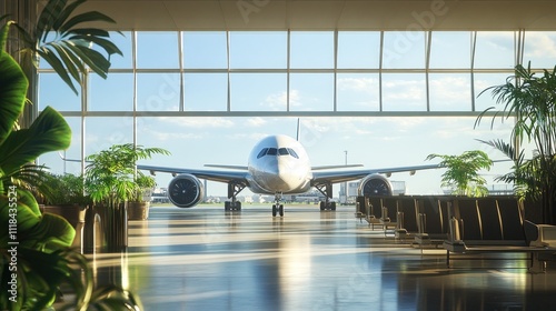 Airplane in vast modern airport with lush greenery
