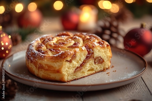 single rosca de reyes slice served on ceramic plate softly blurred festive setting in background with copy space