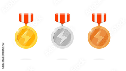 Gaming honor achievement hanging medal badges with shine lightning bolt symbol. Gold, silver, bronze ranking medallions. Video game app interface design element. Leader bonus and winner place icon kit