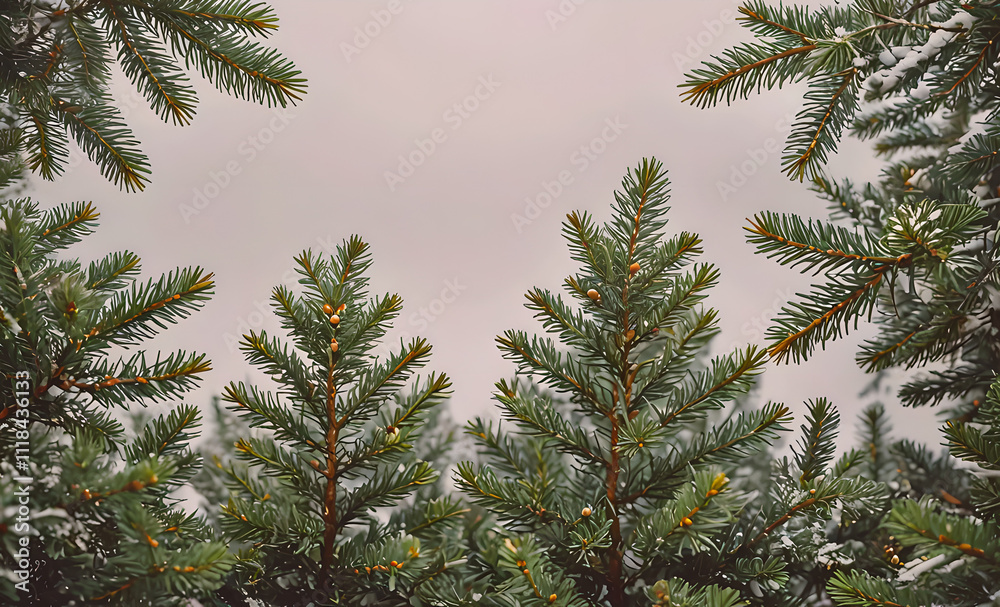 A row of evergreen trees with snow on them. The trees are in a forest and the sky is cloudy A row of evergreen trees with snow on them. The trees are in a forest and the sky is cloudy
