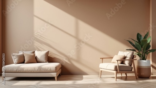 Mocha Mousse is a trend color year 2025 in the luxury living room. Painted mockup wall for art - mocha pastel colour. Blank modern room design interior home. Accent premium lounge office.