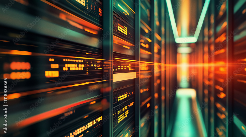 Fototapeta premium Data Center Glowing Lights: Abstract, futuristic, and captivating, this image captures the essence of a modern data center. The lines of servers, bathed in vibrant green and orange lights.